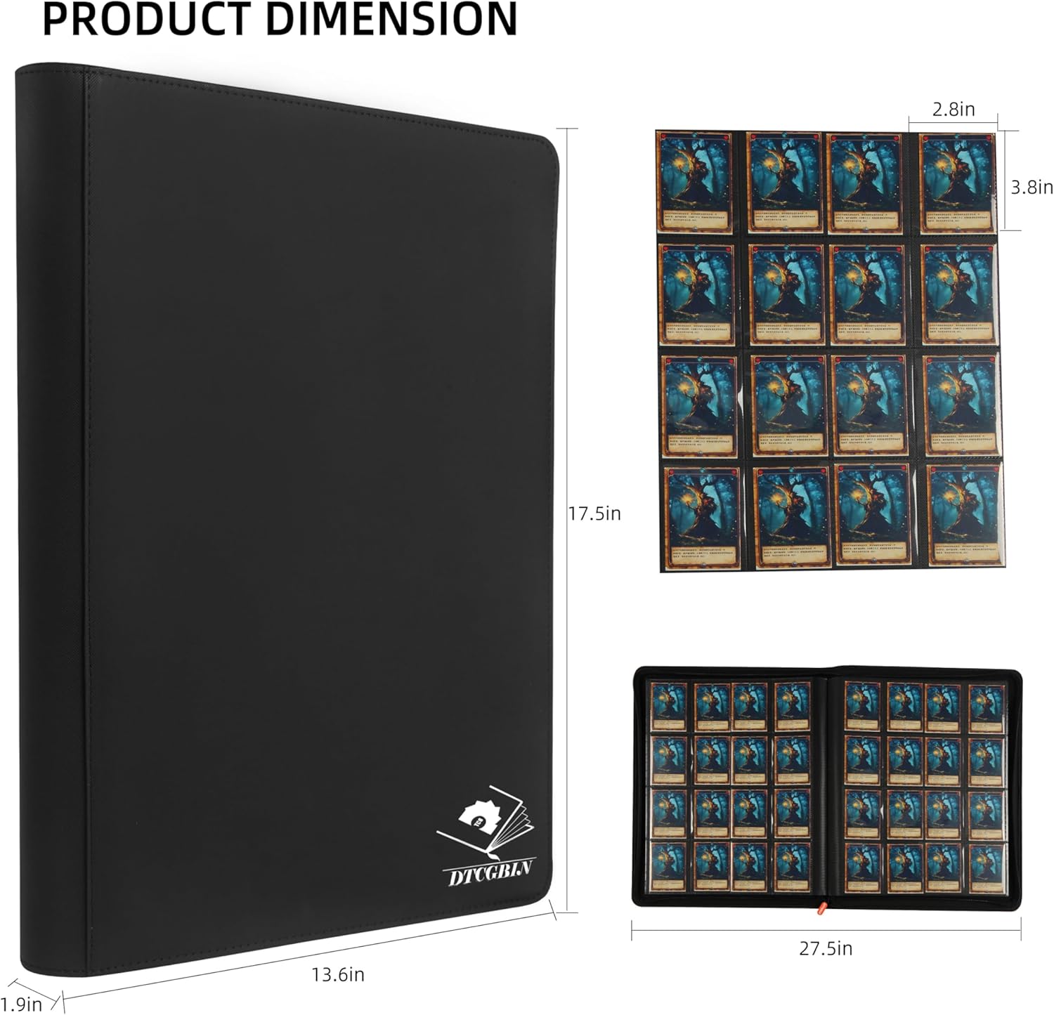 Premium Trading Card Binder for PKM TCG MTG Cards,Holds 1000+ Cards,16 -Pocket Ringless Side Loading Binder with Zipper Trading Card Album Folder for TCG - Black