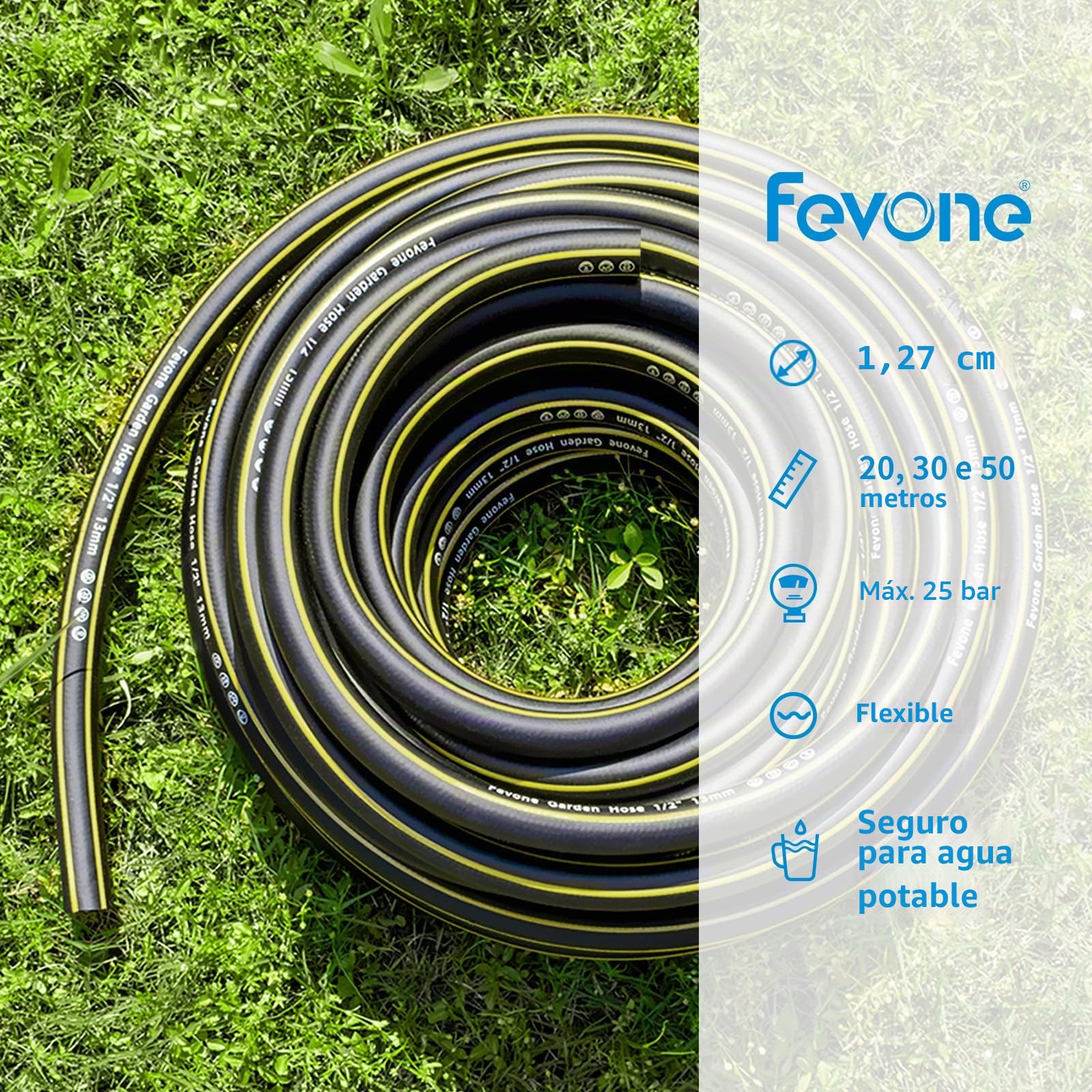 Fevone Manguera de jardín de 50 m, para jardín, 13 mm (1/2 pulgadas), 4 ly, 25 bar, muy resistente, portátil, exterior, flexible, resistente, con correa, protección contra torceduras, negro/amarillo
