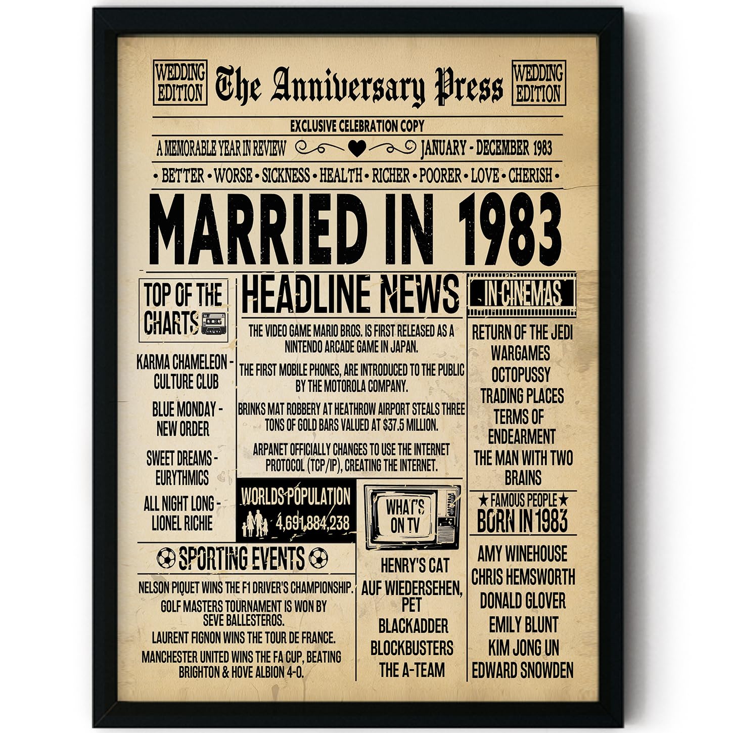 Stuff4 Men's 1983 43Rd Anniversary Poster Framed - Married In Newspaper - 43 Wedding Anniversary For Wo Retro Vintage Gifts Back In 8X10 Inch Anniversaries Posters