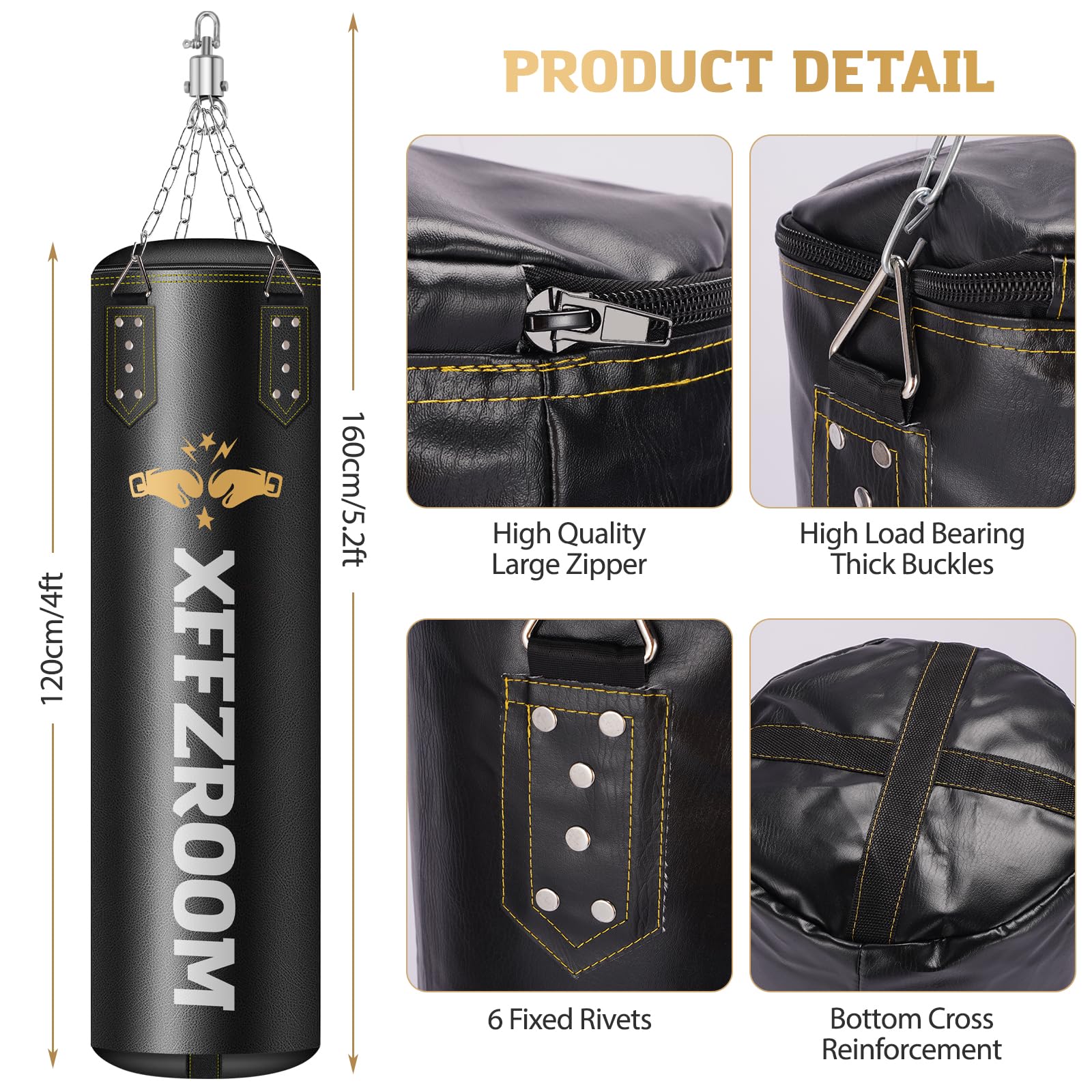 Punching Bag for Adults, 4ft PU Leather 6 in 1 Heavy Boxing Bag Set, Punching Bag with 12oz Boxing Gloves, Hand Wraps, Hanging Bag for MMA Karate Kickboxing Muay Thai Boxing Home - Unfilled