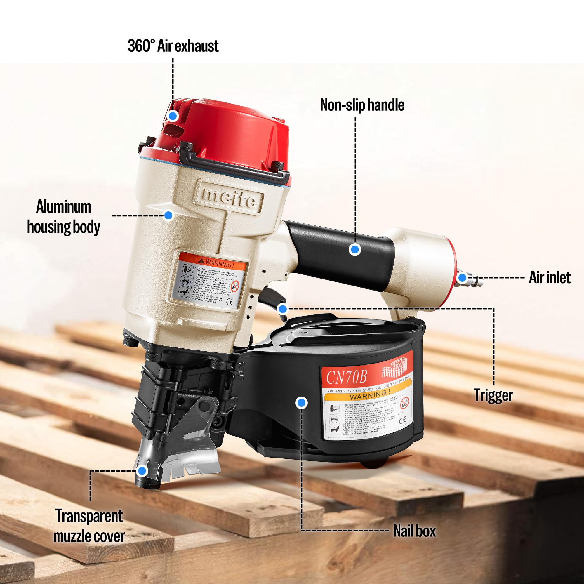 meite CN70B - Pistola de clavos de bobina de aire, clavadora neumática profesional industrial para palés, marcos y cajas de madera, clavadora de bobina de aire resistente utiliza clavos de bobina de