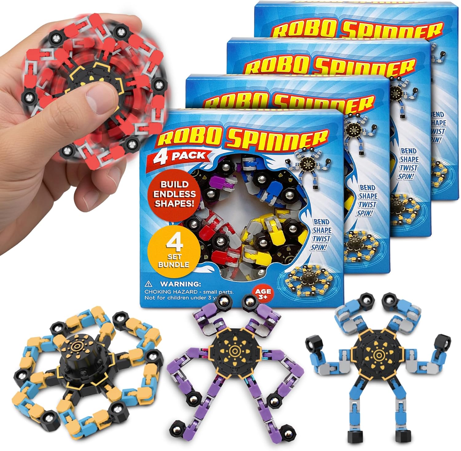 Stomp Rocket Robo Spinner, Transformable Fidget Spinner Set (16 Spinners) - Transformer Robot Fidget Toy for Kids - Cool Sensory Gadgets - Spinning STEM Gifts & Party Favors for Boys, Girls, Teens