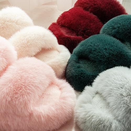Miniatura 6 de FamilyFairy Pantuflas de piel sintética esponjosas para mujer, cómodas, puntera abierta, con forro polar y suela de goma