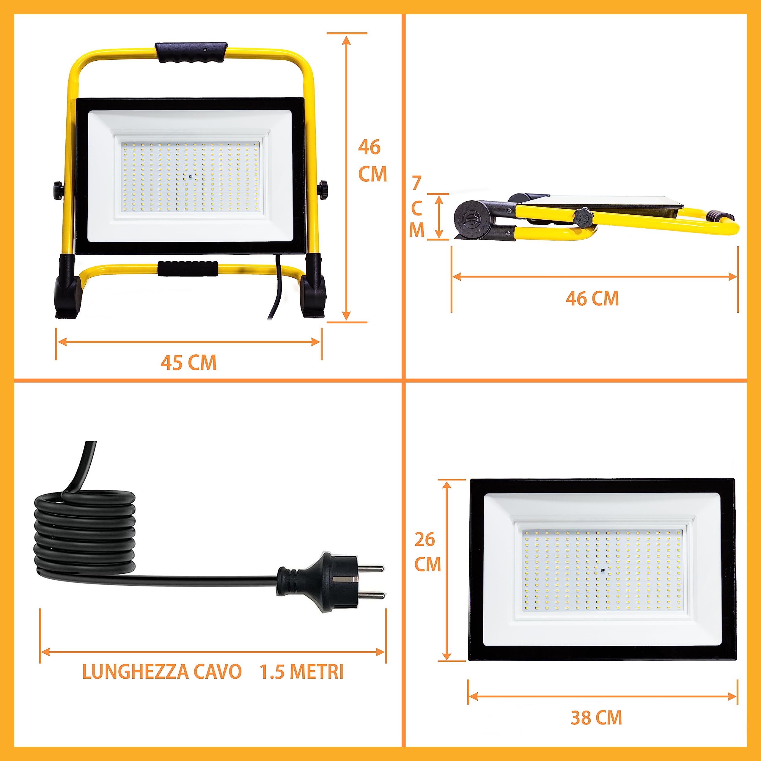 ELETTROWATT - Faro LED da lavoro 200W, 16000 lm, luce bianca 4000K - portatile, impermeabile, supporto pieghevole, per uso interno ed esterno, officina, giardino, cantiere, garage, imbianchino