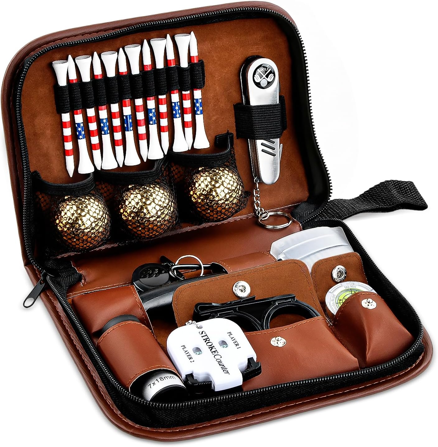 Golf Gifts for Men and Women, Golf Accessories Set with Gold Golf Balls, Telescope, Golf Tees, Brush, Divot Tool, Golf Green Reader, Scorer, Golf Ball Clamp Golf Tool Set Storage Case (Brown)