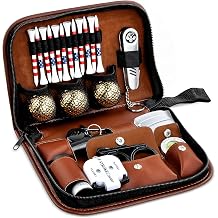 Golf Gifts for Men and Women, Golf Accessories Set with Gold Golf Balls, Telescope, Golf Tees, Brush, Divot Tool, Golf Green Reader, Scorer, Golf Ball Clamp Golf Tool Set Storage Case (Brown)