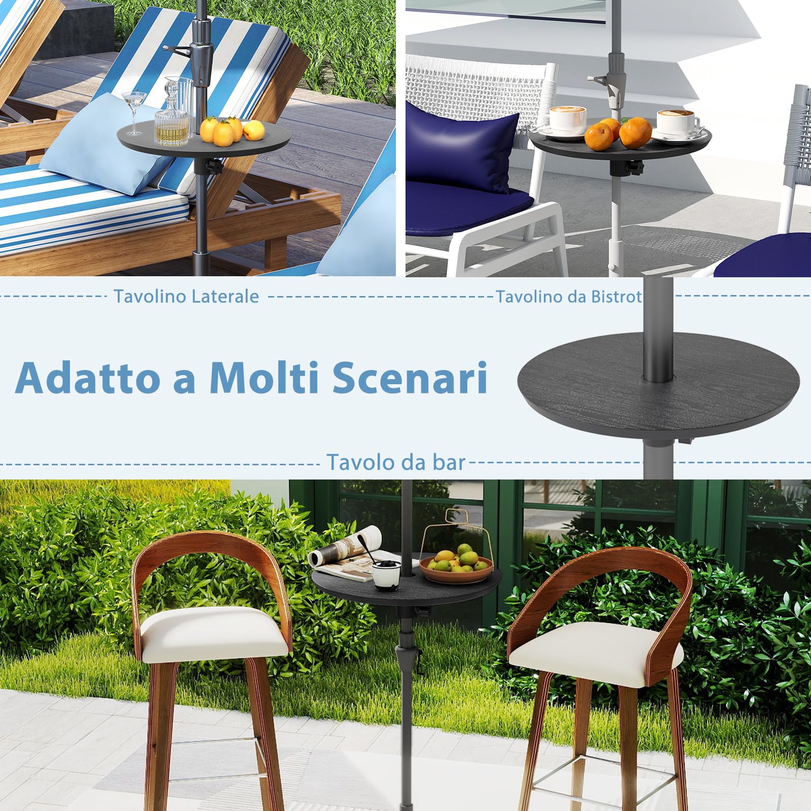 COSTWAY Vassoio per Ombrellone, Tavolino Portatile Leggero da 50 cm, Tavolino Rotondo con Foro per Ombrellone da 38mm/48mm, Effetto Legno Finto, per Cortile, Piscina, Spiaggia