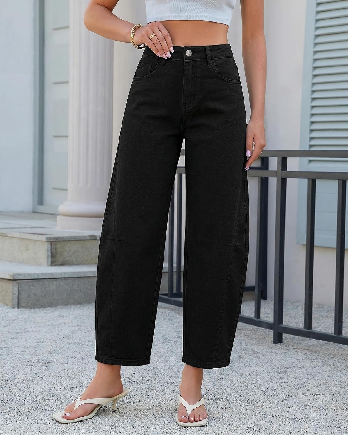 GRAPENT Barrel Jeans for Women Cropped Trendy High Waisted Baggy Side Seamed Casual Stretchy Denim Pants Wide Leg Jeans