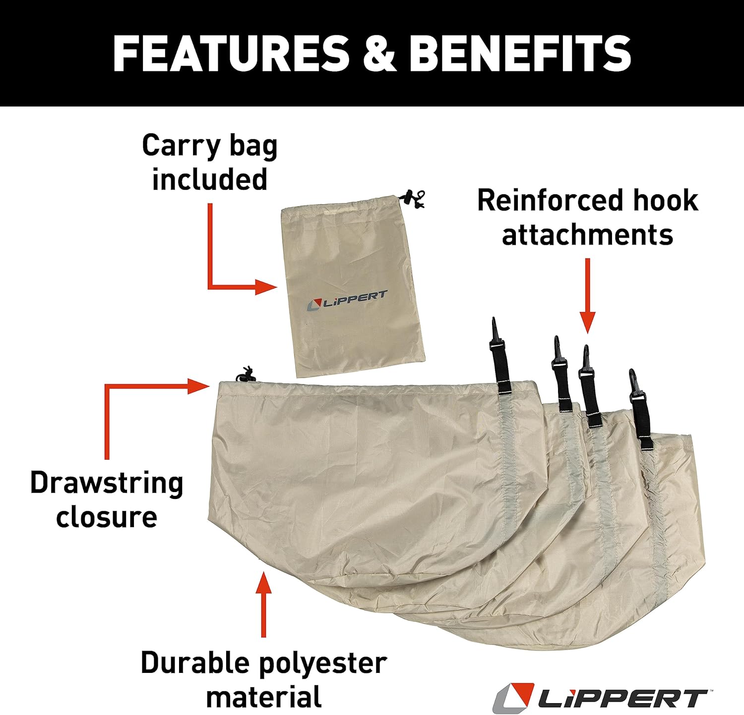 Lippert Picnic Popup Gazebo Sandbags for Stabilizing Gazebos, Tents, Canopies, Shelters, 14-1/4" x 14-1/4" x 11" Durable Polyester 4-Pack, Plus Carrying Bag, Cinch Drawstring Closure - 2022120599