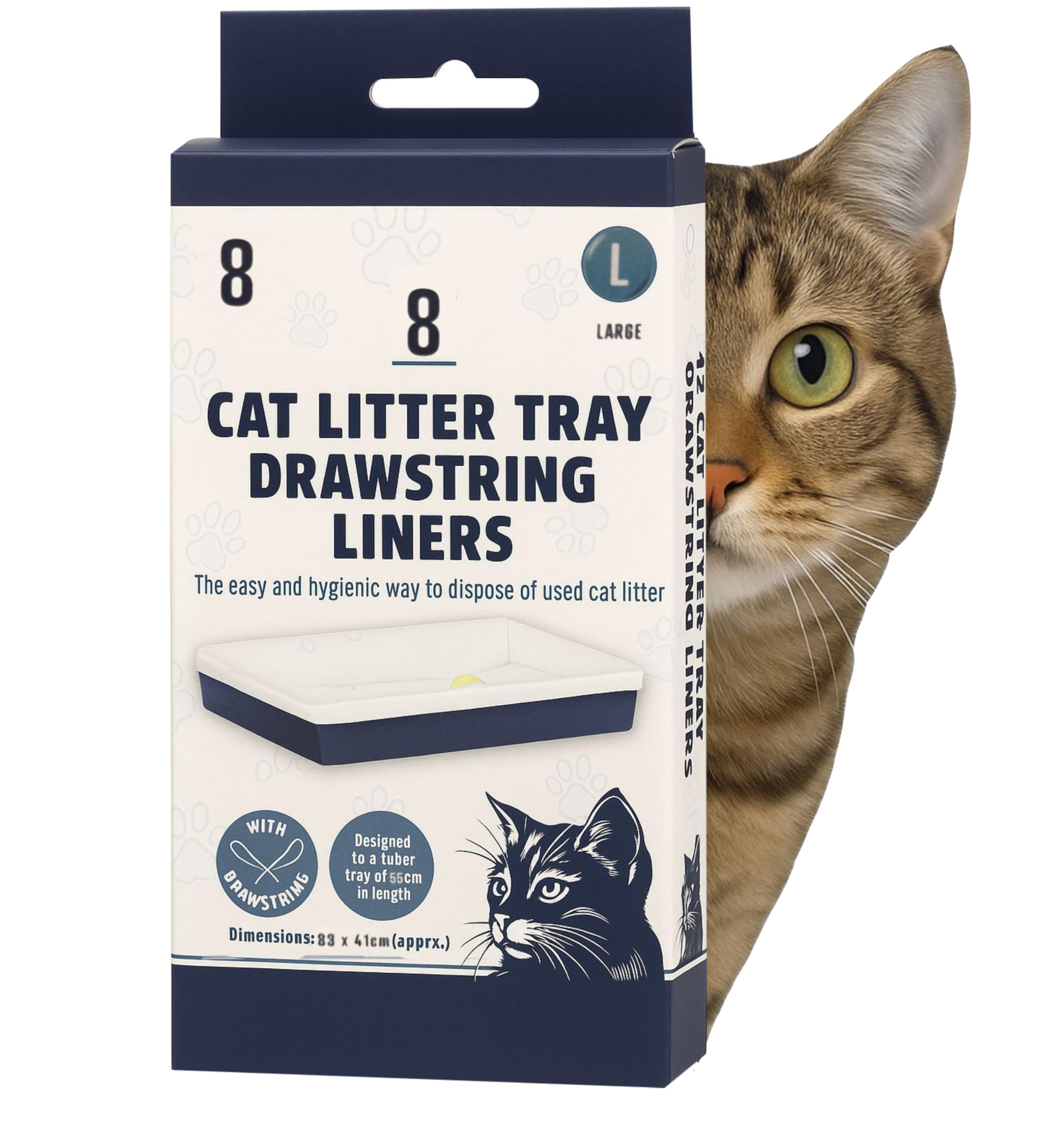 Pet Guru White Large Cat Litter Tray Drawstring Liners, 83 X 41Cm, Hygienic Disposal Bags With Easy-Tie Design, Compatible With 55Cm Length Trays (8)