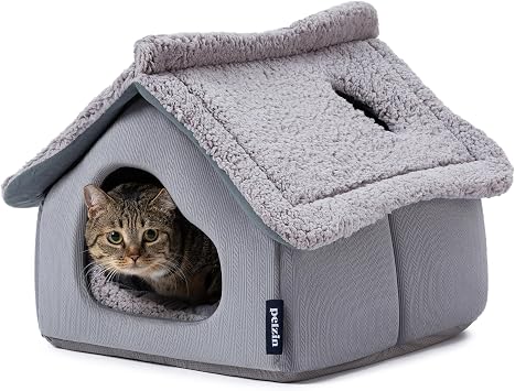 Pelzin Large Cat Houses for Indoor Cats - Cat Cave Bed with Removable Support Foam and Washable 2-Side Mat - Covered Cats Bed for Pet Hideaway - Enclosed Pets Hideout for Kitten and Small Pet