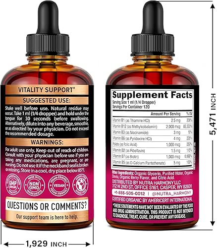 Miniatura 20 de Complejo de Vitamina B en gotas (USDA Organic) - Ácido pantoténico B5, metilcobalamina B12, tiamina B1, piridoxina B6, biotina B7, ácido fólico B9