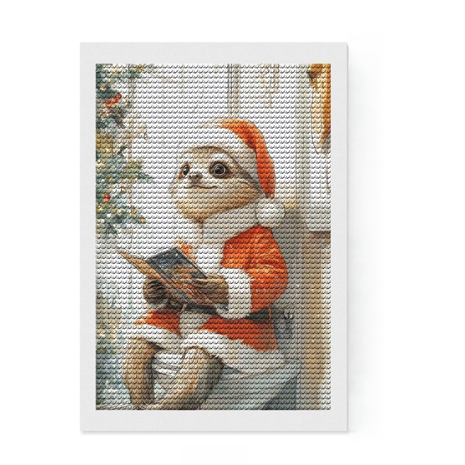 Junmoney Sloth Santa Reading Diamond Art Kit 8"x12", Cute Room Decor, Sparkling Crystal Beads, with Tool Kit, Fun Craft Activity, DIY