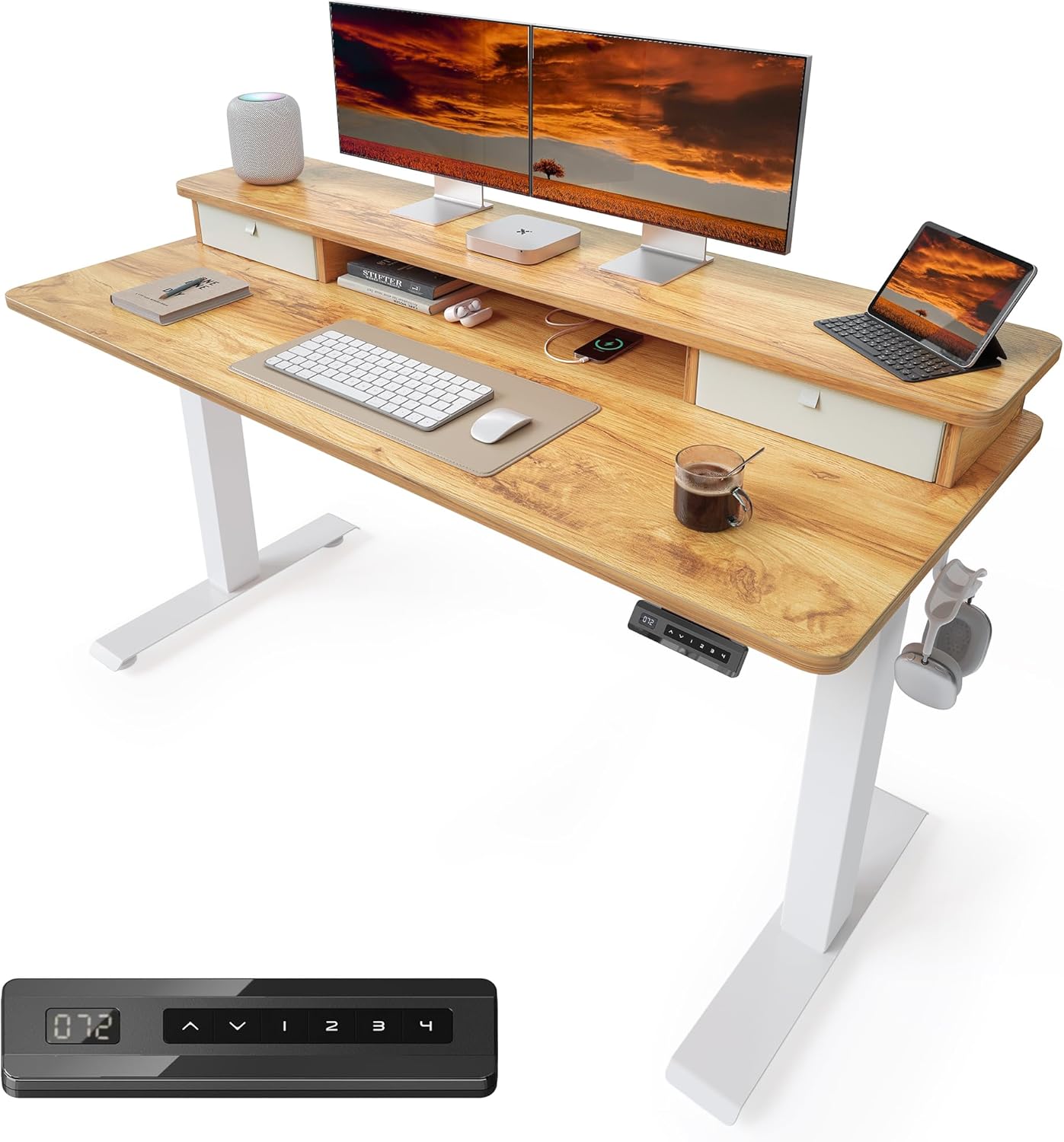 CubiCubi 55 x 24 Inch Electric Height Adjustable Standing Desk with Double Drawers, 4 Adjustable Feet & 2 Hooks, Home Office Computer Workstation, Light Rustic
