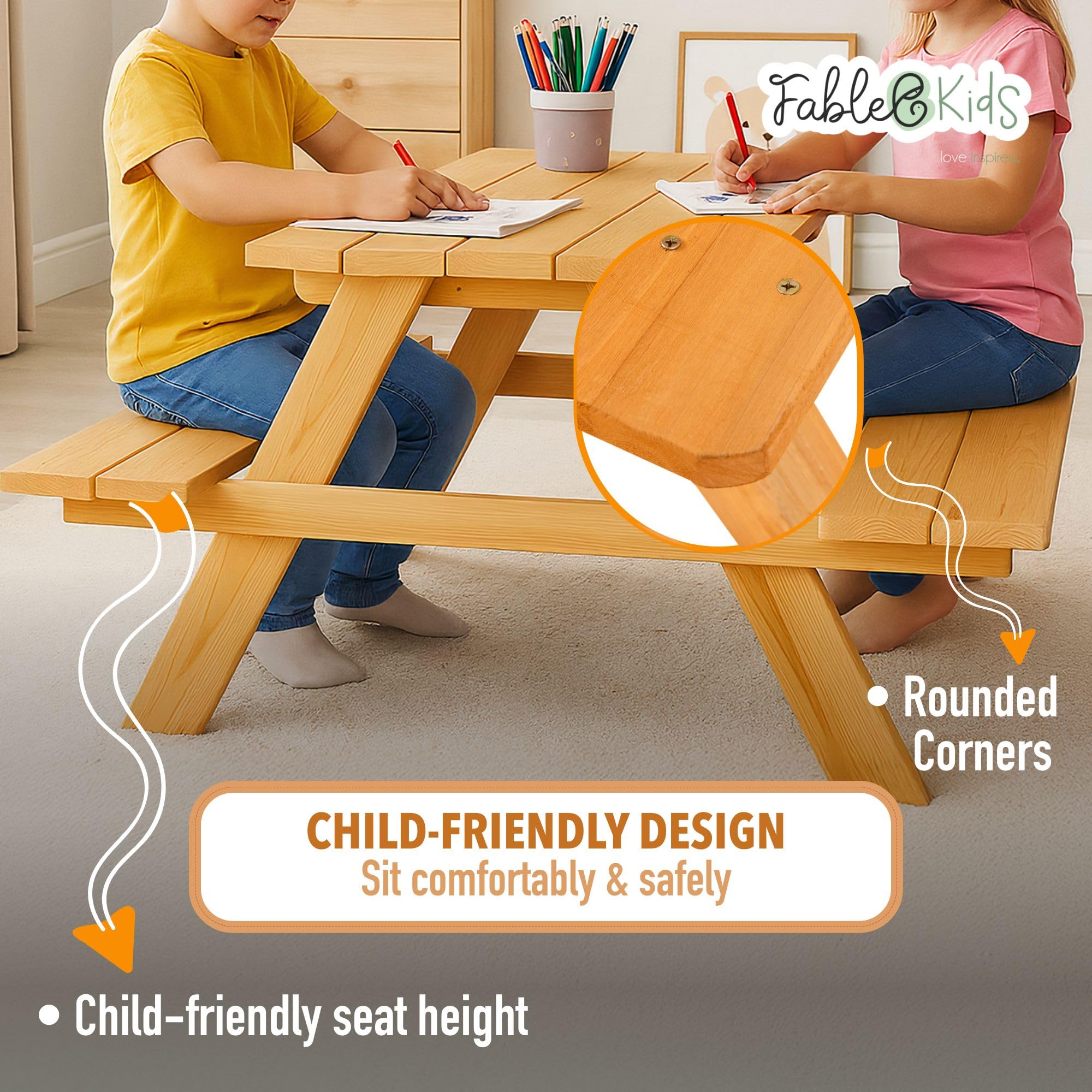 FableKids ARNE Set Tavolo da Picnic per 4 Bambini | Tavolo con panche in legno massello | Mobili da giardino 2–7 anni | Naturale, sicuro e durevole | 89×79×50 cm