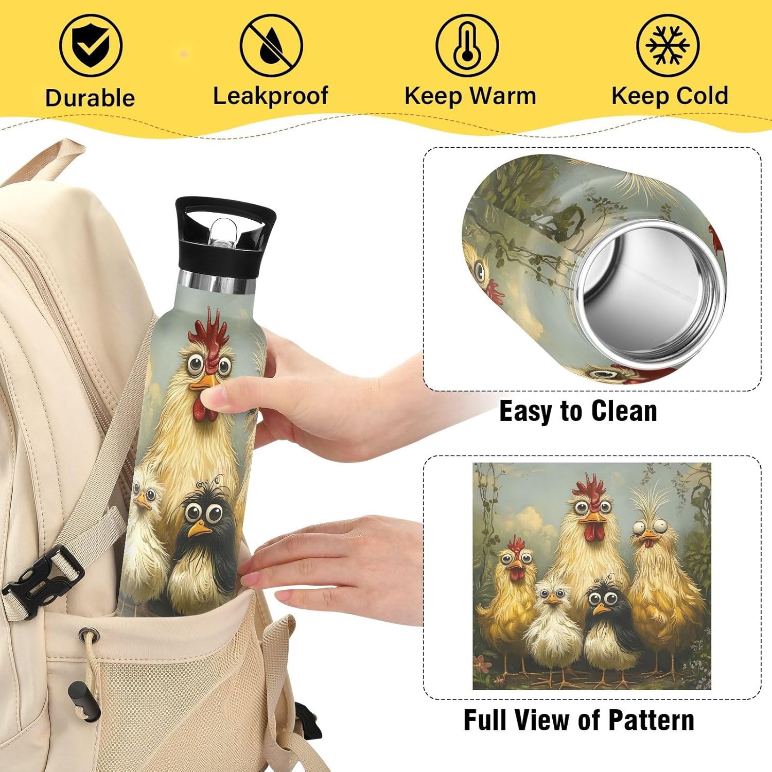 Kids Water Bottle for School Leakproof Sports Water Bottle for Kids for Boys Girls 20oz, BPA-Free, Cute Funny Chickens
