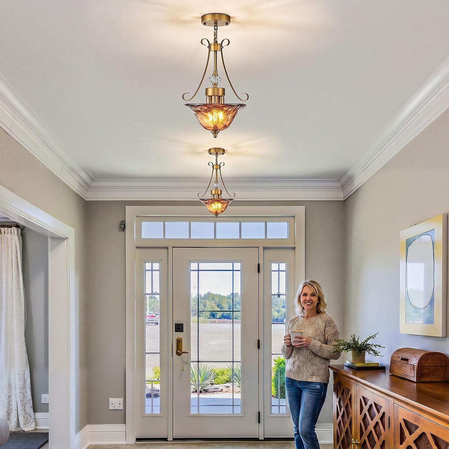 3-Light Glass Chandelier Vintage Gold Farmhouse Pendant Light Fixture for Kitchen Adjustable with Green Shade Glass Hanging Light for Hallway Entryway Dining Room Island