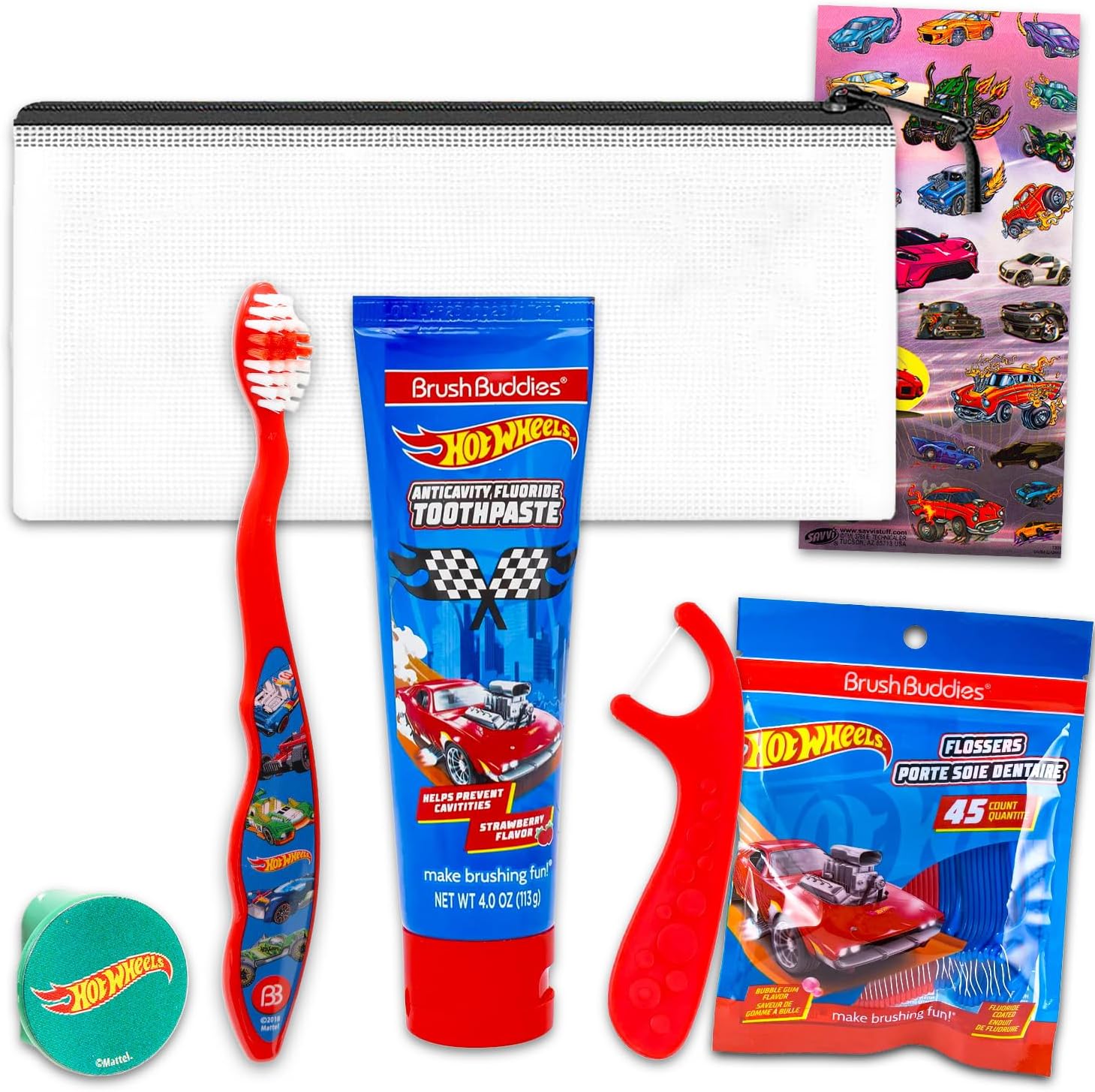 Hot Wheels Oral Care Traveling Kit for Kids - Bundle with Toothbrush with Cover, Toothpaste, Floss Pack, Travel Bag, and More for Boys, Toddlers | Hot Wheels Toothbrush Set