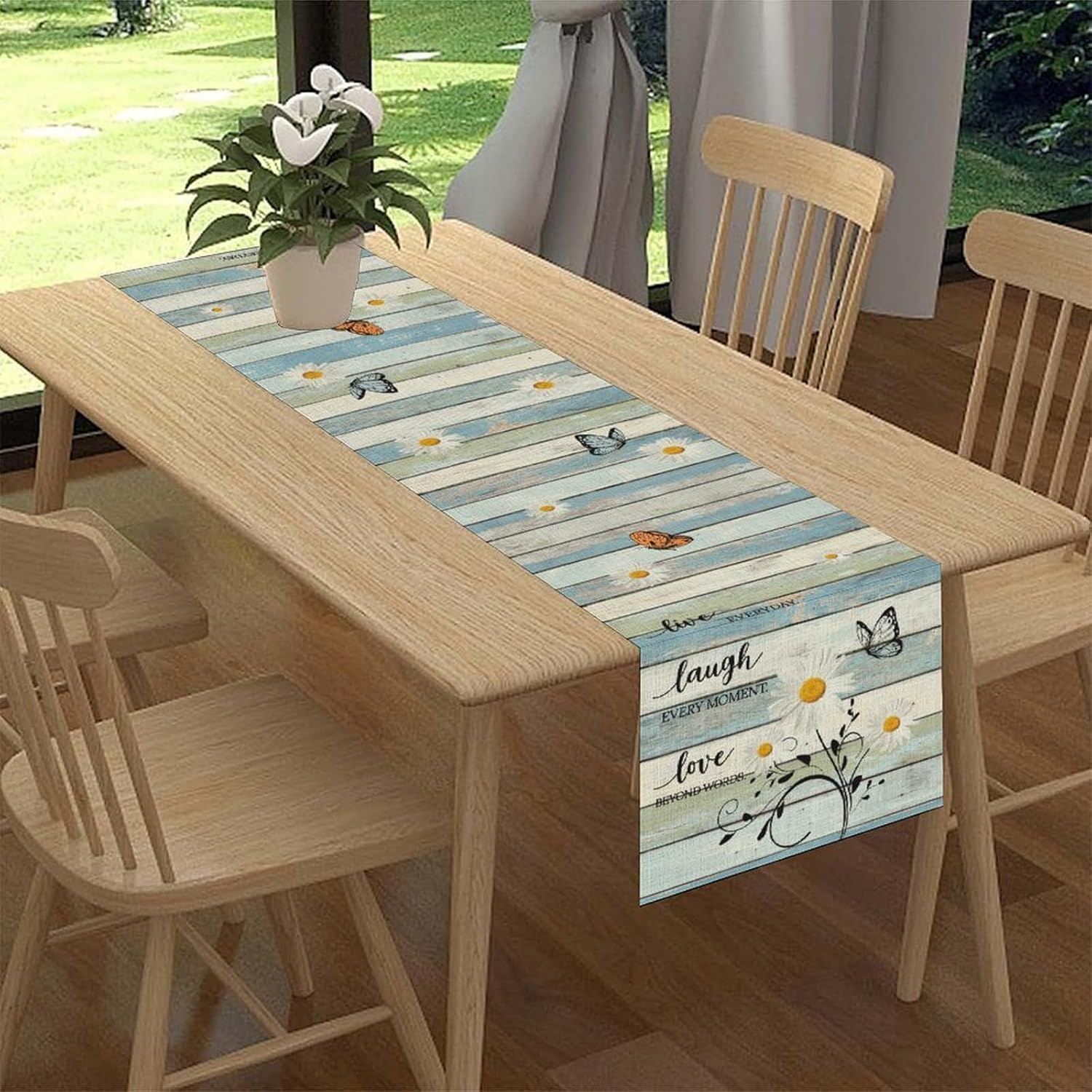 Daisy Floral Table Runner, Rustic Seasonal Spring Blue Wooden Sunflowers Boho Butterfly Coffee Table Center Decor for Family Kitchen and Living Outdoor Farmhouse Country Table Decorations, 13"x108"