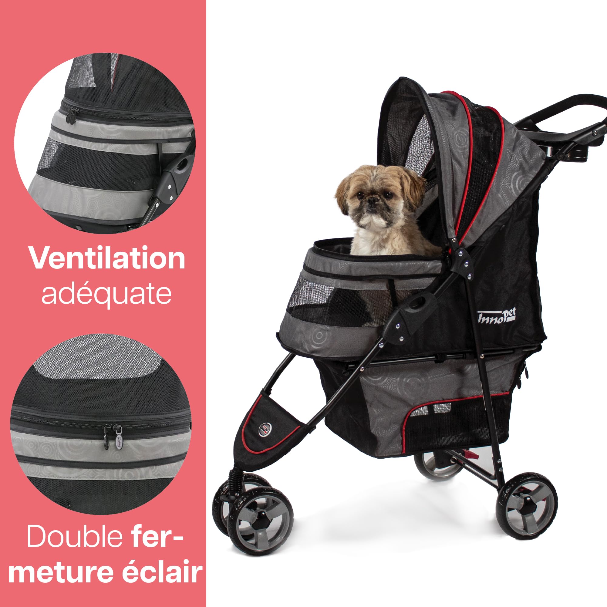Poussette légère Innopet Avenue pour chiens et chats, gris/rouge - Poussette urbaine compacte pour animaux de compagnie avec housse de pluie, sangles de sécurité et panier de rangement