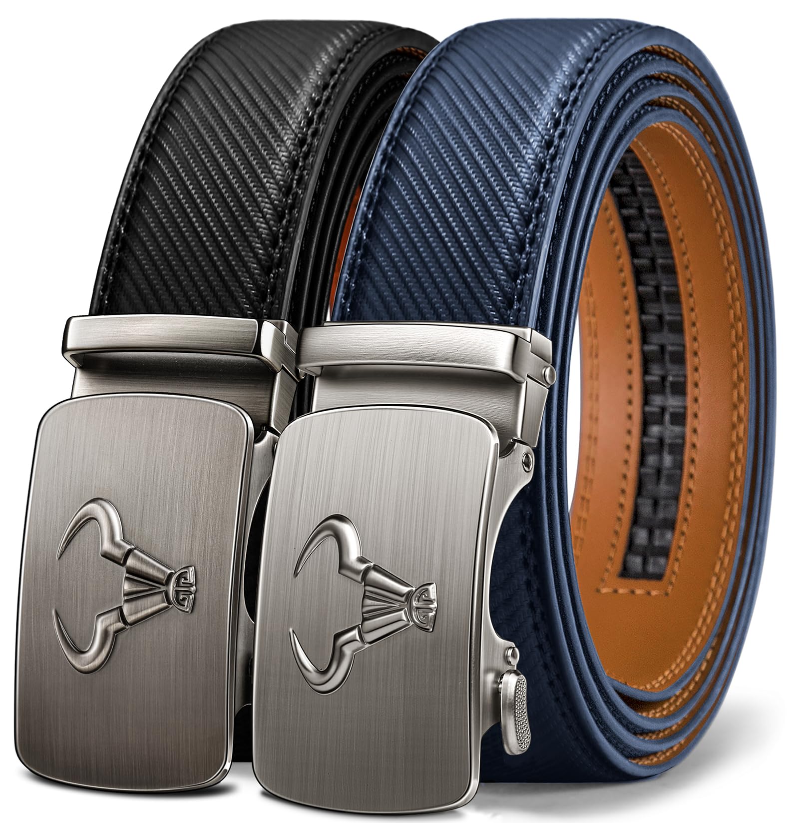 BULLIANT Gürtel Herren 2er, Gürtel Ratsche Automatikschließe Ledergürtel für Herren Verstellbar 35mm Breit mit Geschenkbox