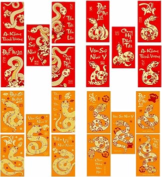 20pcs Vietnamese New Year Red Envelopes, Traditional Design with Cherry Blossoms, Snakes, Lanterns & Vietnamese Auspicious Phrases, Self-Seal, 20 Count, 3.5 x 6.3 inches