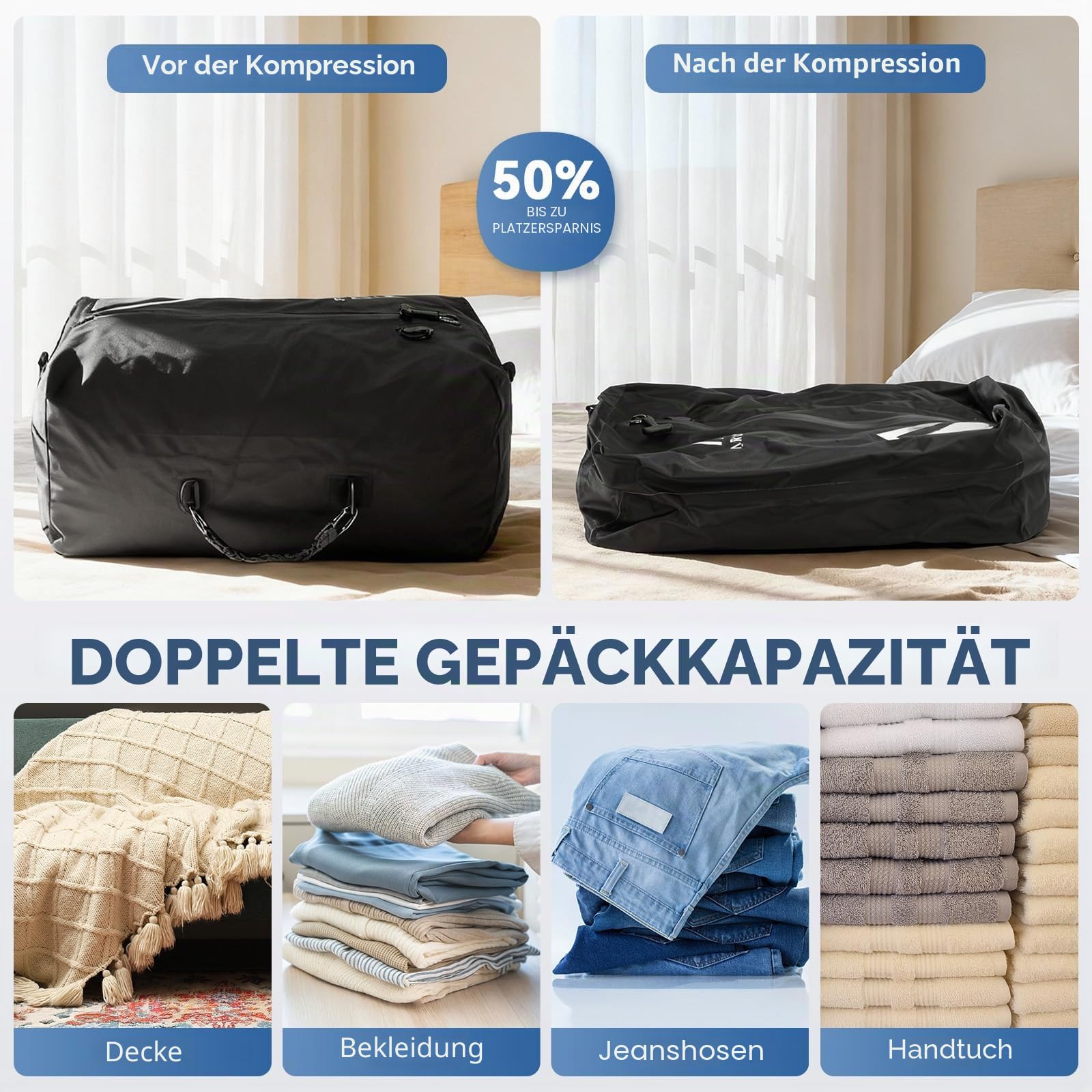 Arxus Vakuumbeutel für Kleidung Reise Packing Cubes Compression Organizer | IP67 Wasserdicht Vakuum Platzsparer mit Abnehmbare Schultergurt für Trolley Rucksack Koffer Organizer