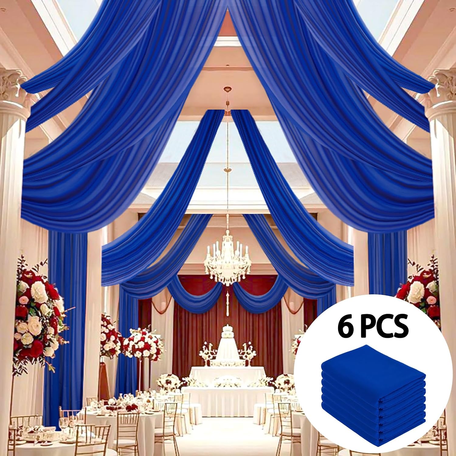DUOBAO Royal Blue 5x20ft Chiffon Drapes | 6pc Elegant Sheer Wedding Backdrop Curtains | Perfect for Tent, Banquet Hall, and Photography