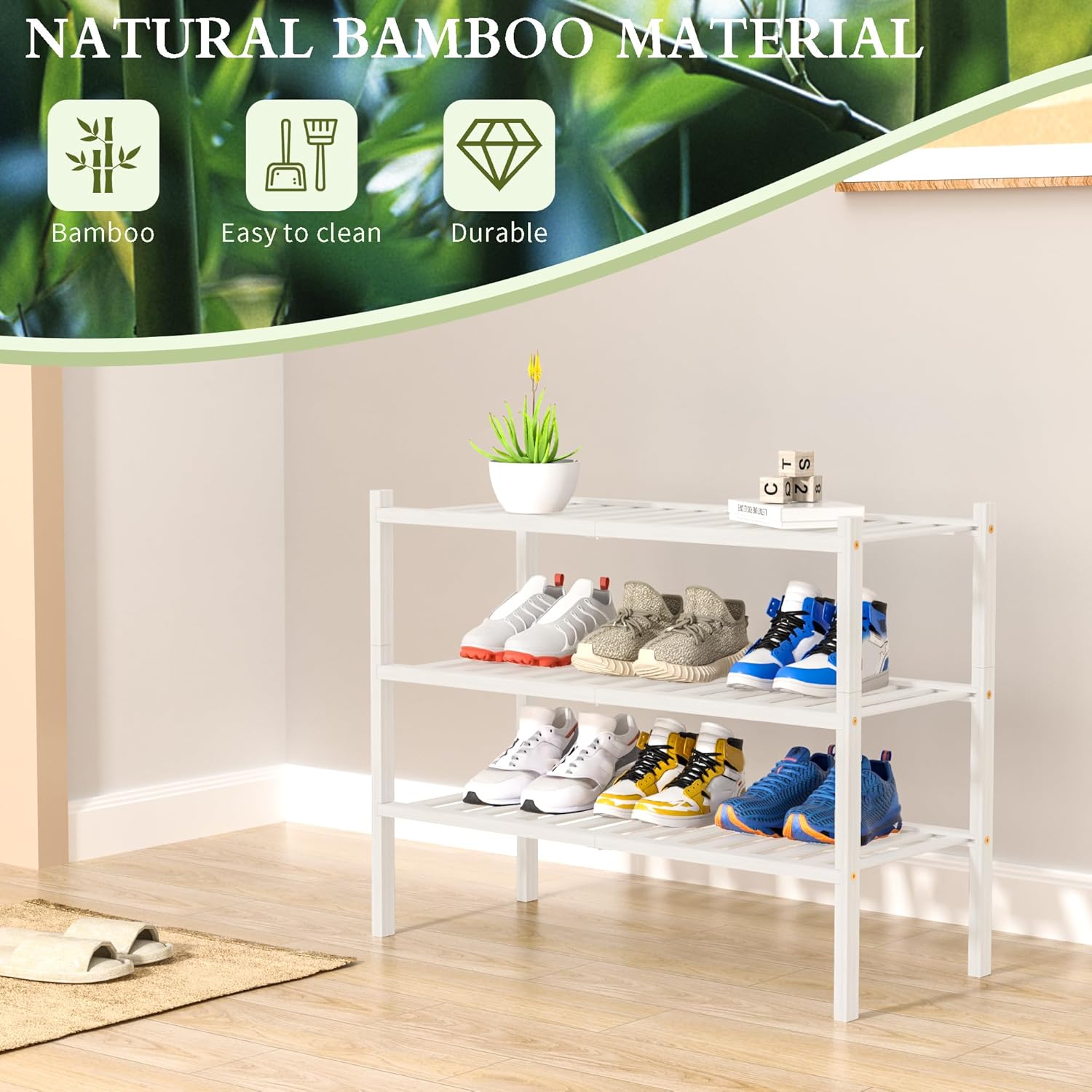 ROMGUAR CRAFT 3 Tier Bamboo Shoe Rack for Closet Free Standing Wood Shoe Shelf Storage Organizer for Entryway Small Space Stackable 27"x11"x20" (White)