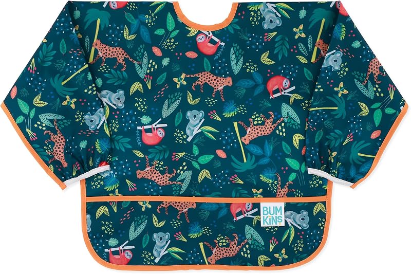 Sleeved Bib for Girl or Boy, Baby and Toddler for 6-24 Mos, Essential Must Have for Eating, Feeding, Baby Led Weaning Supplies, Long Sleeve Mess Saving Food Catcher, Soft Fabric, Jungle