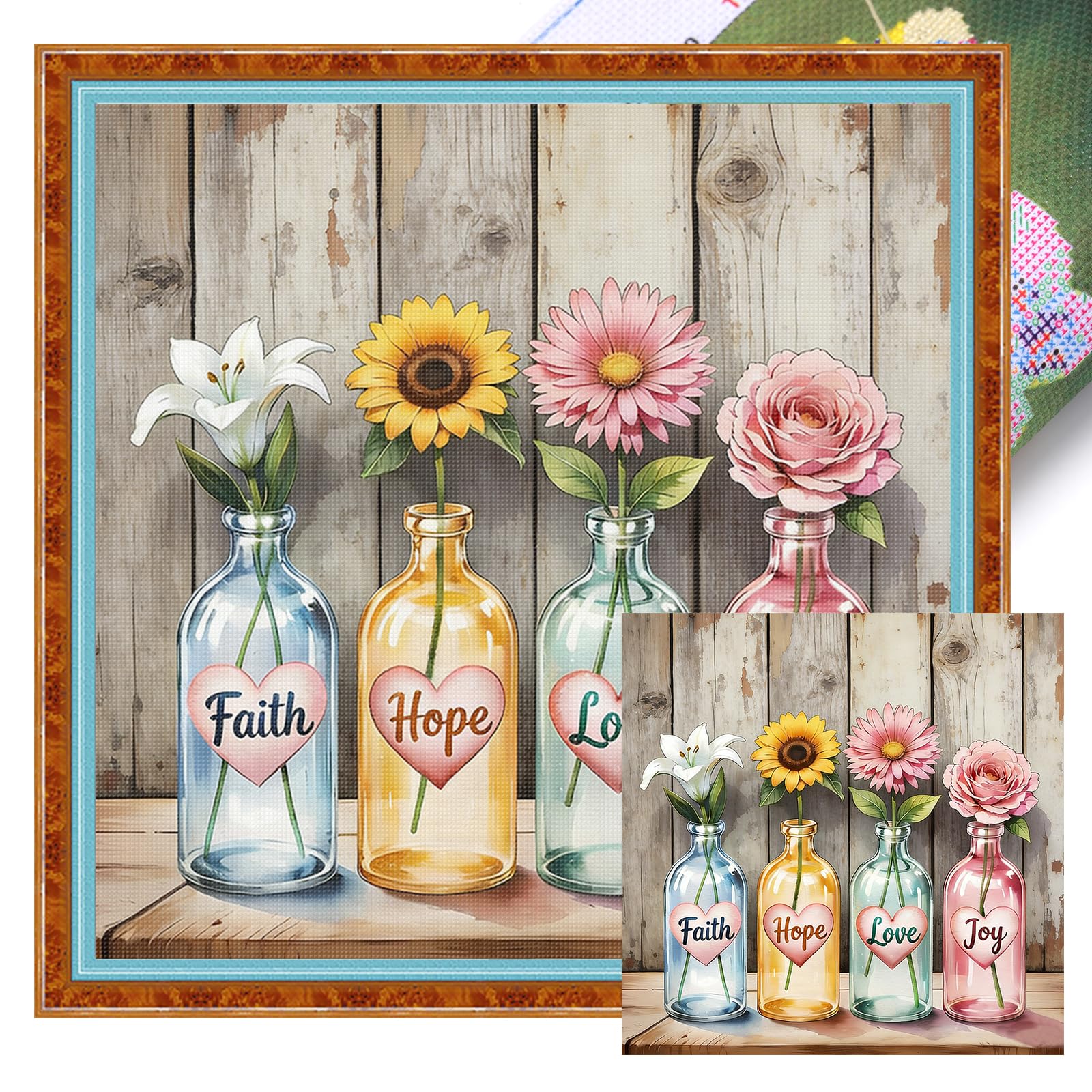 POETRYDRAW Flowers Glass Bottle Full 11CT DIY Stamped Embroidery Needlepoint Starter Kits 45x45cm for Beginners Adults Home Decor (11CTACC-12439 C 45X45)