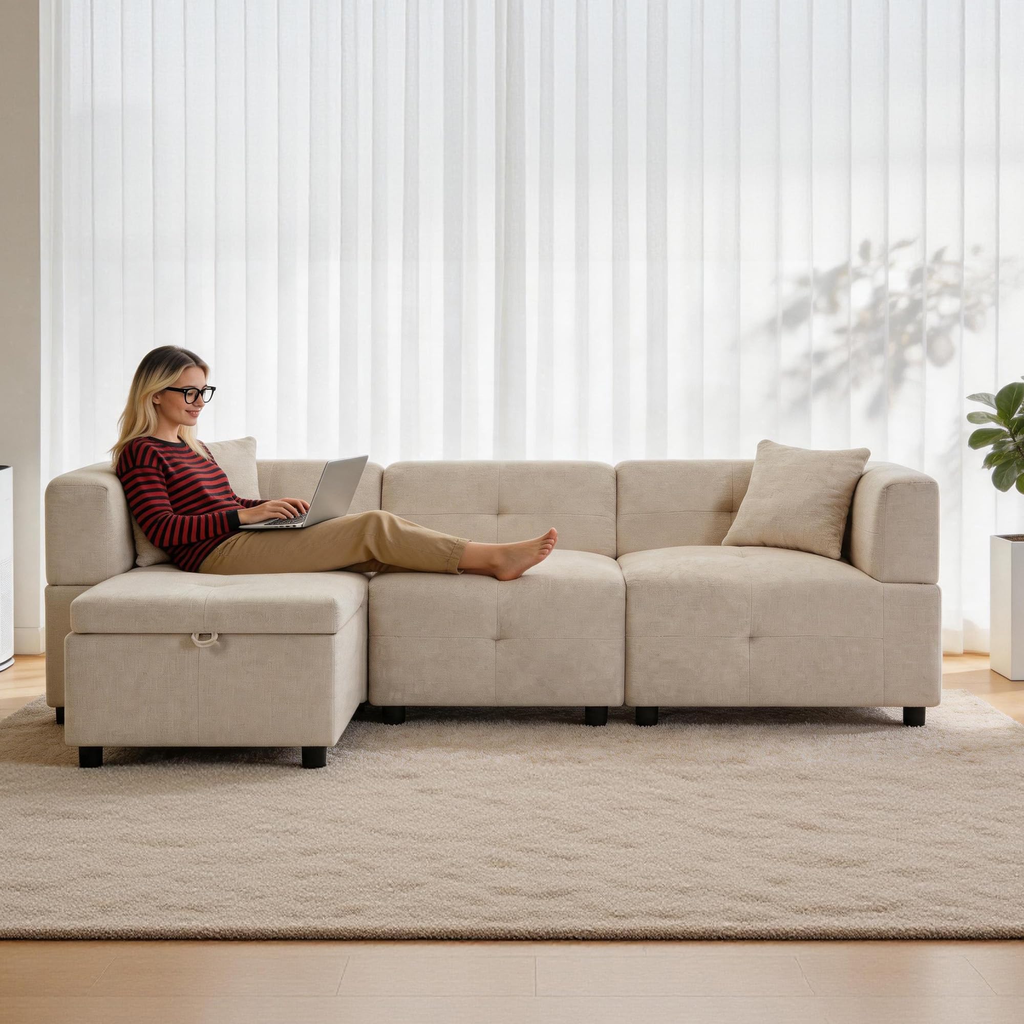 3 Sitzer Ecksofa, Chenille Stoff L-förmiges Sofa mit Stauraum Fußhocker und 2 Kissen, für Wohnzimmer, Büro, Beige