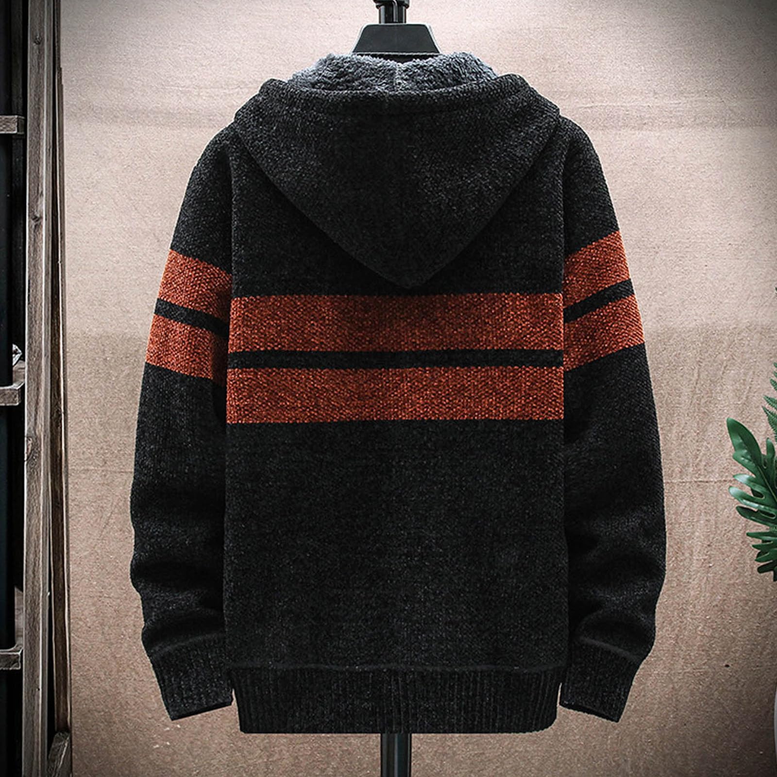 Cardigan à capuche pour homme - Manches longues - Motif torsadé - Veste en tricot doublé en polaire - Respirant - Veste de loisirs fine - Veste d'hiver chaude en maille fine - Veste polaire