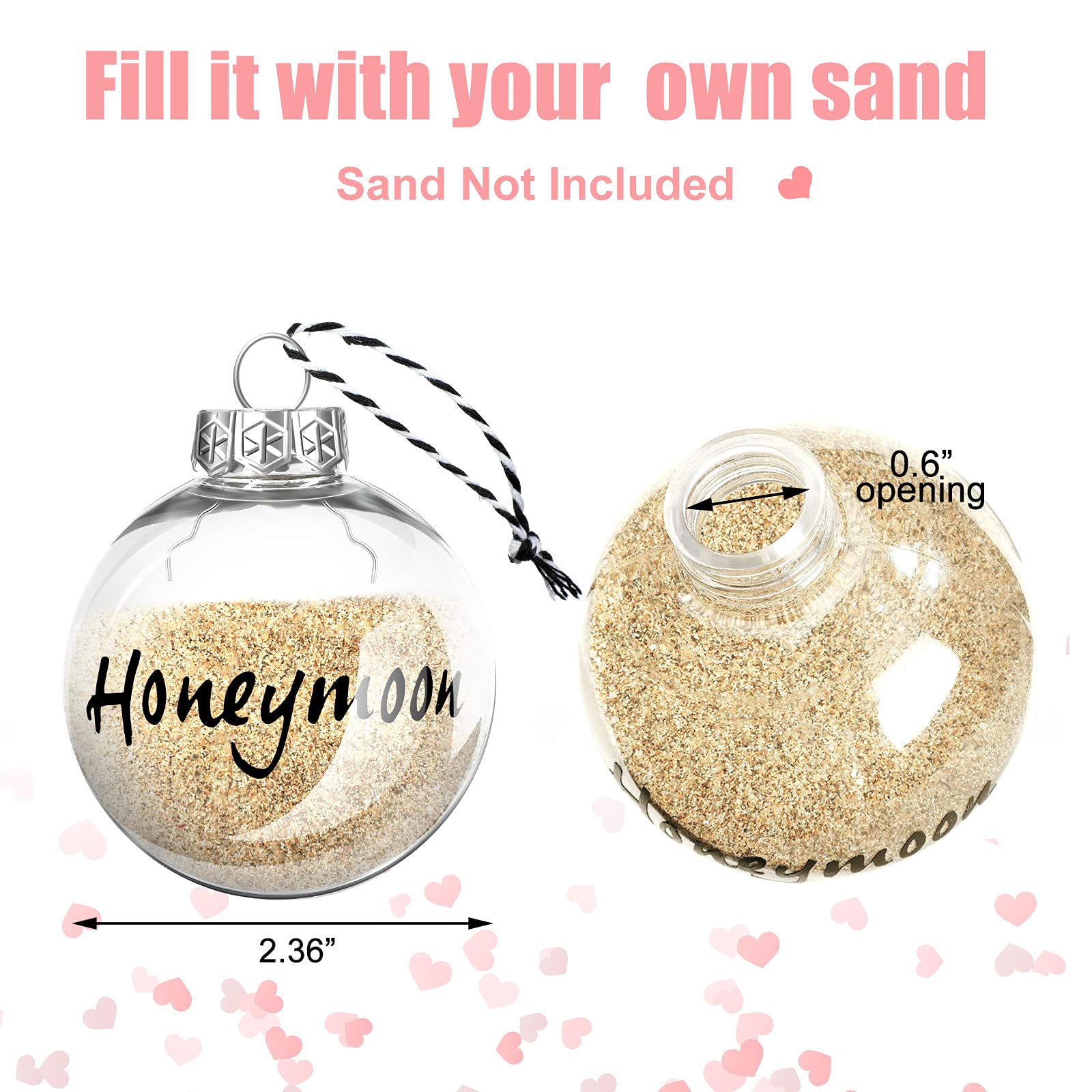 Patelai 2 Pieces Honeymoon Sand Keepsake Jar Ornaments Hand Lettered Plastic Sand Jar for Travel Present Newlywed Engagement Vacation Travel, 2.4 Inch Diameter