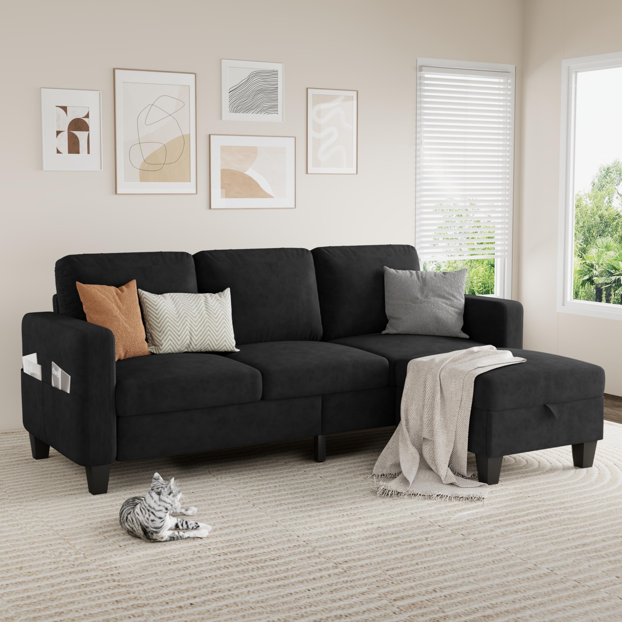 Sectional Sofa Couches for Living Room - Black 3 Seat L-Shaped Couch with Storage Ottoman, Comfy Velvet Convertible Sectionals Sofas with Chaise for