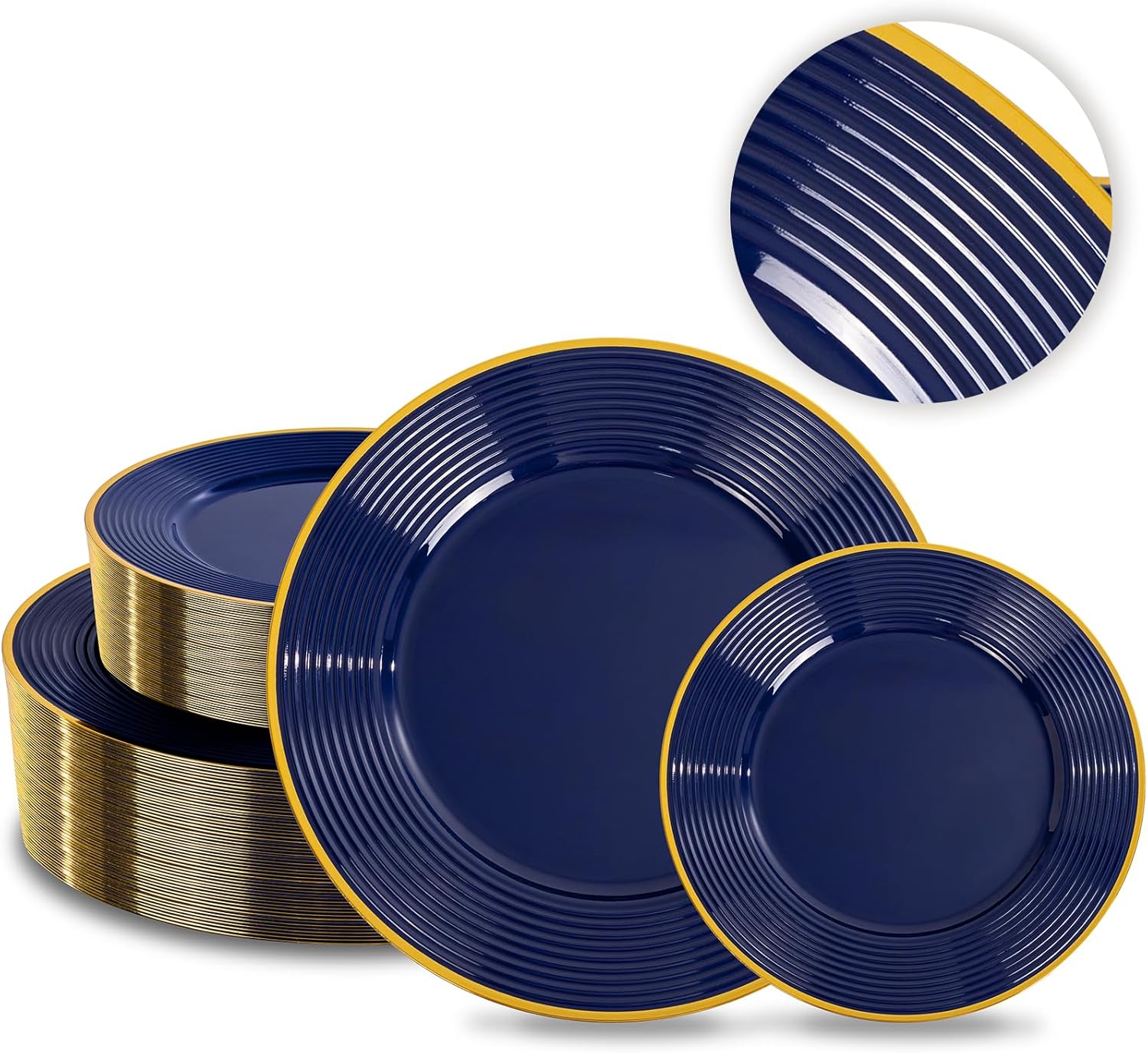 Liacere 100PCS Blue Plastic Plates - Heavy Duty Disposable Plates- Blue and Gold Plate 100PCS Dinner/Dessert Plate for Party & Graduation & Memorial Day