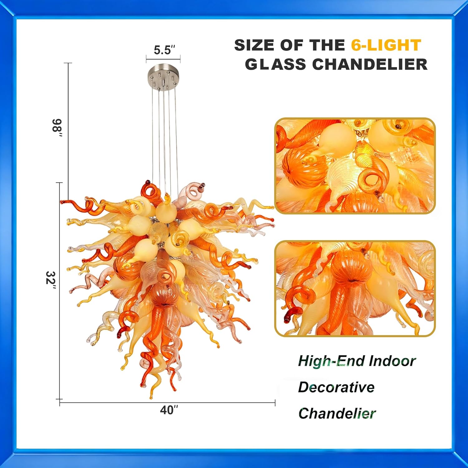 Warm Amber Glow Chandelier, Hand Blown Glass Chandelier, Multi-Color Amber Coffee Copper Red Clear, 32/40 Inch Customizable, Living Room Dining Room Bedroom (40" Wx32 H)