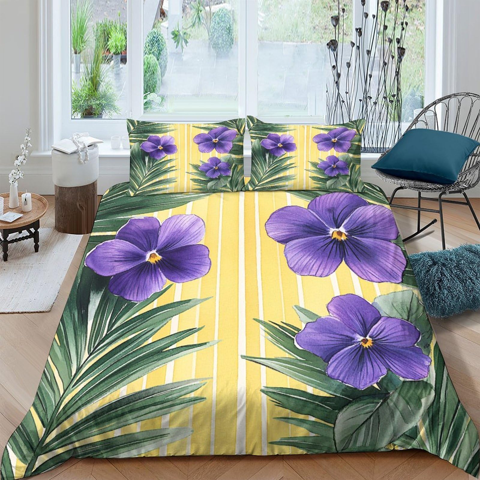 Lila Blumen 3-teiliges Pflegeleichtes Polyester Tropische botanische Kunst Bettbezugset, 2 Kissenbezug, Unsichtbarer Reißverschluss, Für Erwachsene, Babysicher King（220x240cm）
