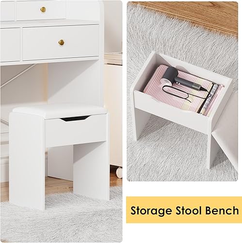 Miniatura 5 de Escritorio de tocador con espejo y luces, mesa de tocador de maquillaje con cajones, taburete de almacenamiento, espejo grande de 41 pulgadas, juego