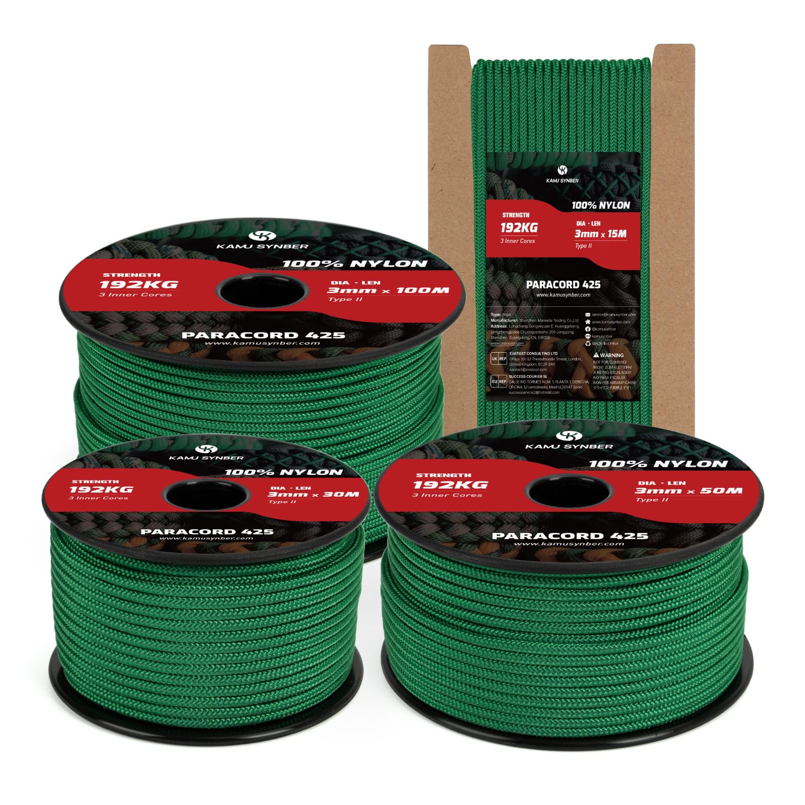 Kamu Synber 425 Paracord 3mm x 100m 100% Nylon Rope 3 Strands Parachute Cord Type II for Outdoor, Crafting, DIY | Support 192kg | Kelly Green