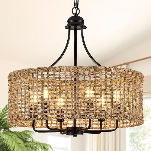 21.8" Large Rattan Chandelier, 6-Light Black Drum Rustic Farmhouse Chandeliers