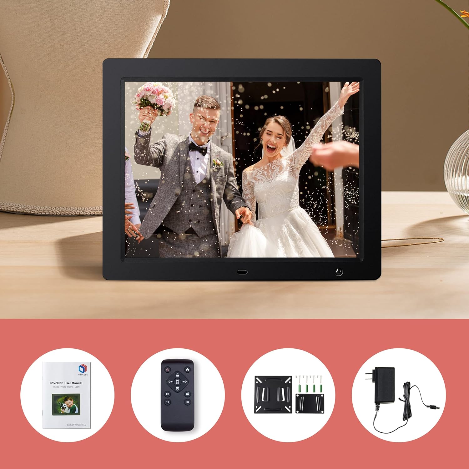 Contents of the LOVCUBE 15 Inch Digital Photo Frame package, including the frame, remote control, power adapter, desktop stand, and wall-mounting hardware.