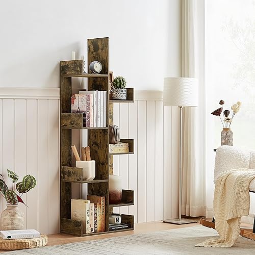 Miniatura 8 de VECELO Estantería de árbol geométrica de 8 estantes de madera, estante organizador de estantes en forma de árbol para libros, revistas, CD y