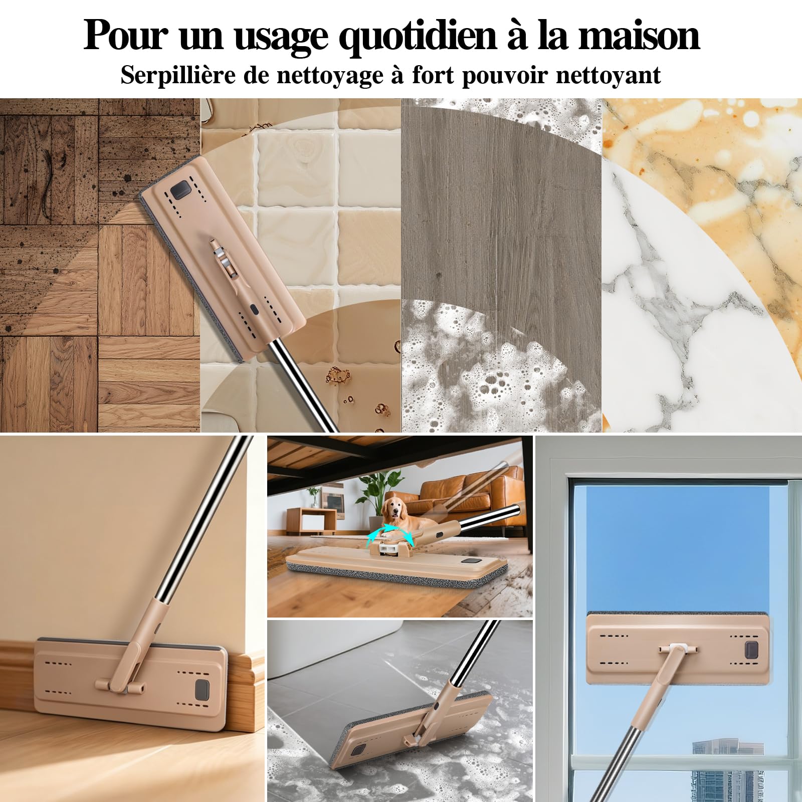 MASTERTOP Balai Plat Microfibre et Seau Essoreur, Serpillère Rotative 360° et Seau de Système Auto-Lavage pour Nettoyage de Sol Humide & Sec, avec 4 Tampons (Beige)