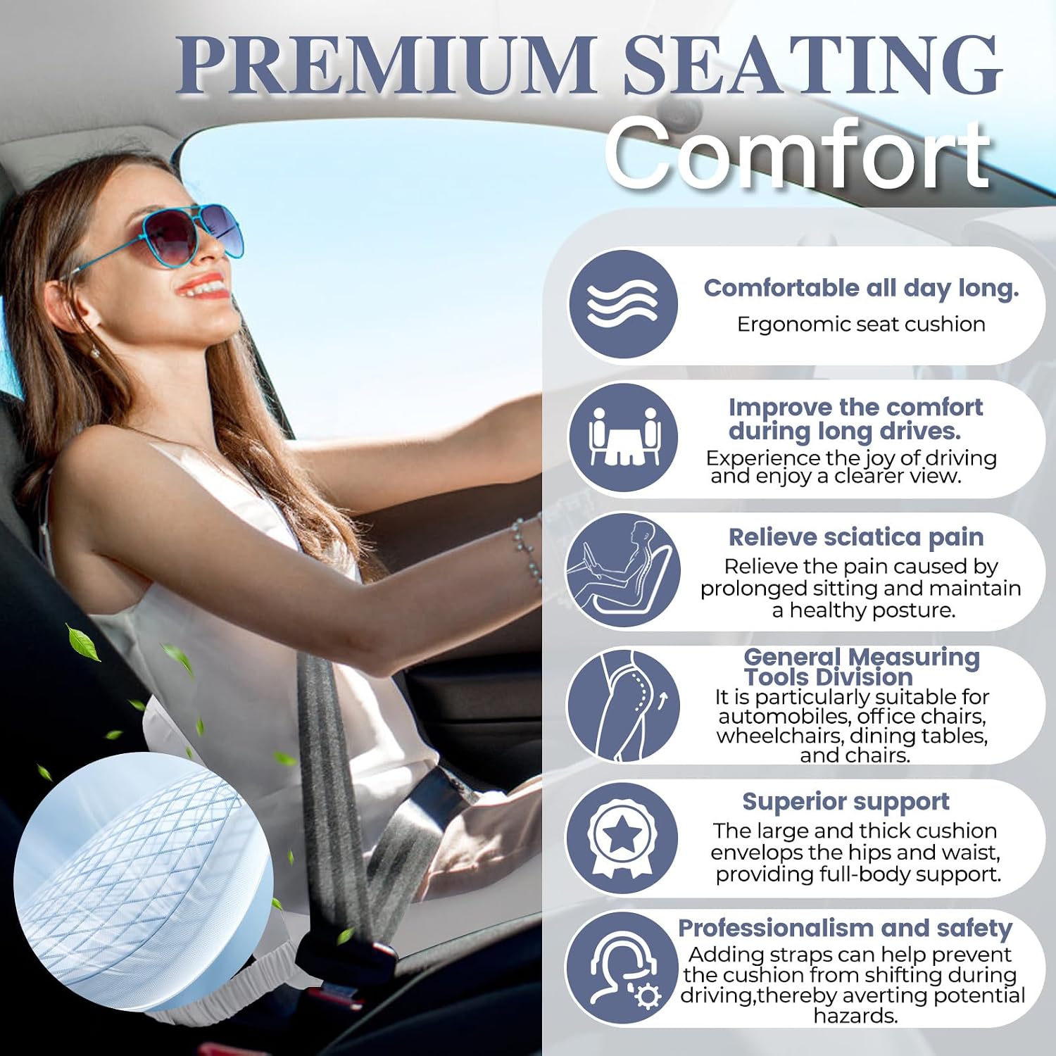 Memory Foam Seat Cushion for Sciatica & Back Pain Relief - Ergonomic Chair Pad with Adjustable Strap & Supportive Comfort Cover, Non-Slip for Car, Truck, Office Chair - Light Gray thumbnail