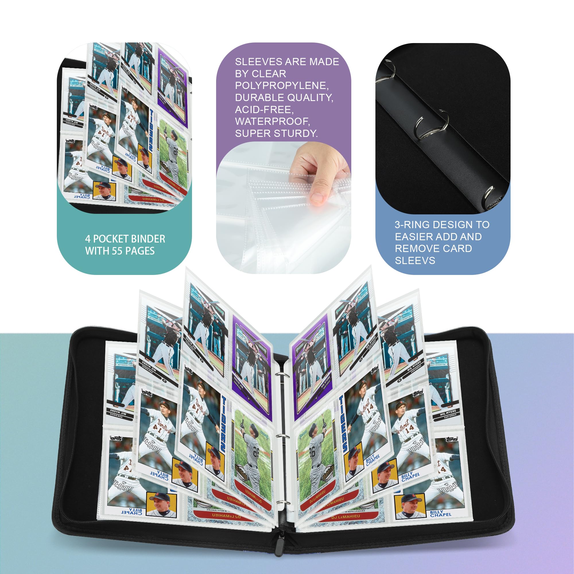 Deoyibu Album de cartes à collectionner pour 900 cartes, album de scrapbooking avec 9 compartiments 50 pages pour organisateur de cartes, reliure en polyuréthane, pour cartes de sport, MTG, TCG