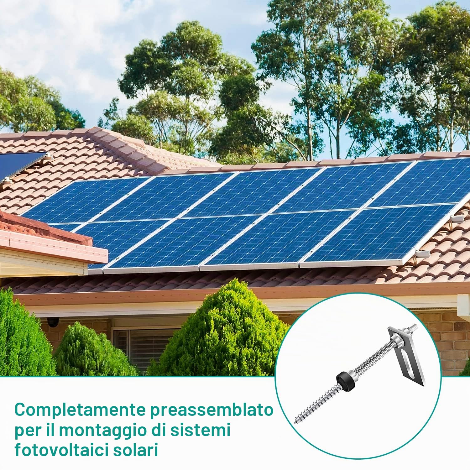 16 Pezzi Viti M10 x 200 mm, Vite in Acciaio Inox, Regolabili In Altezza, con 16 Pezzi 8,2 x 3 cm Guarnizione, per Fissaggio Solare Fotovoltaico, per Tetti Con I Coppi