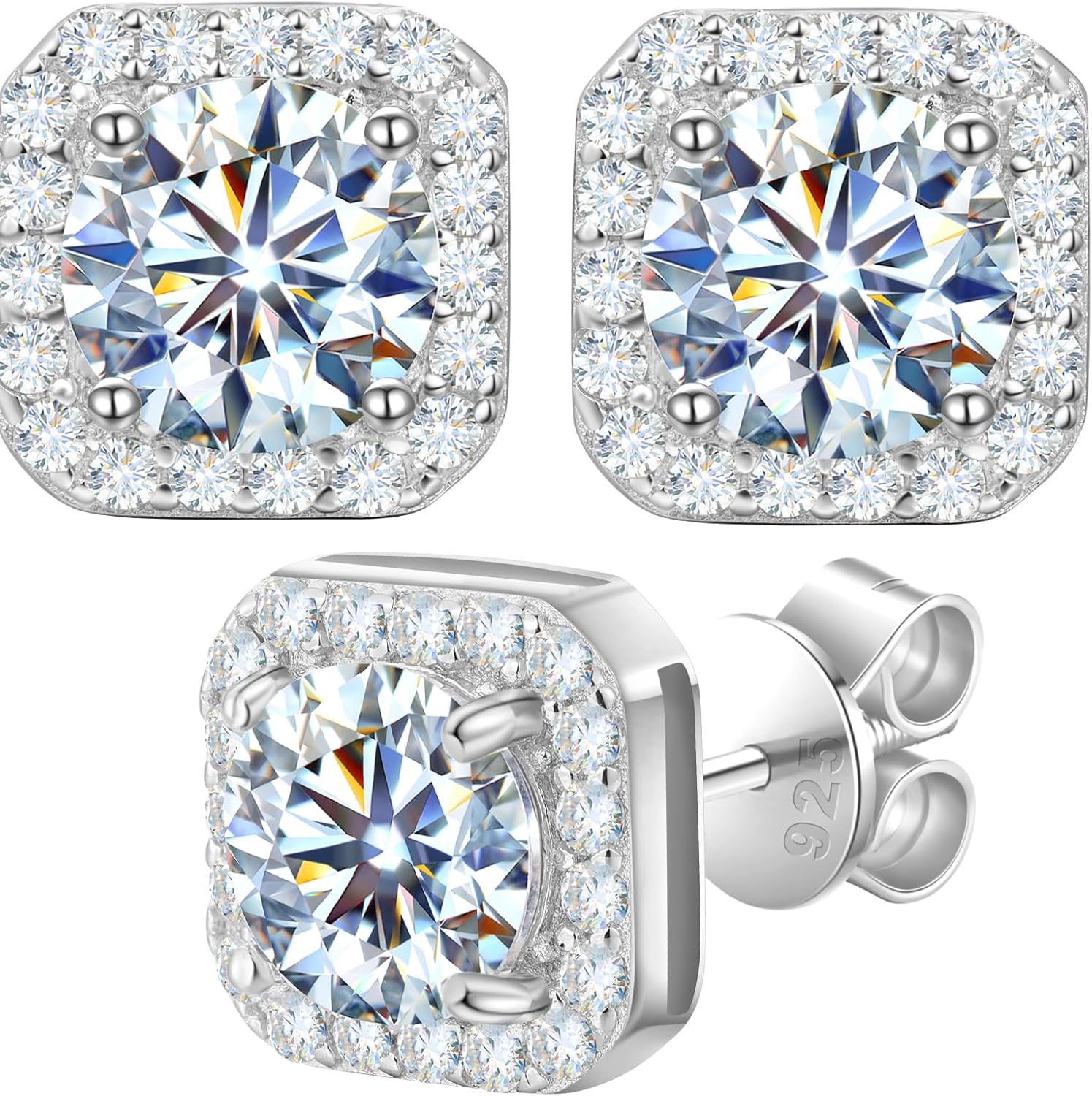 Moissanite Halo Earrings Square 18k Gold Plated 0.56-2.4CT 6-10mm D Color VVS1 Clarity Moissanite Stud Earrings For Women Men Square Stud Earrings 925 Sterling Silver Hypoallergenic Earrings