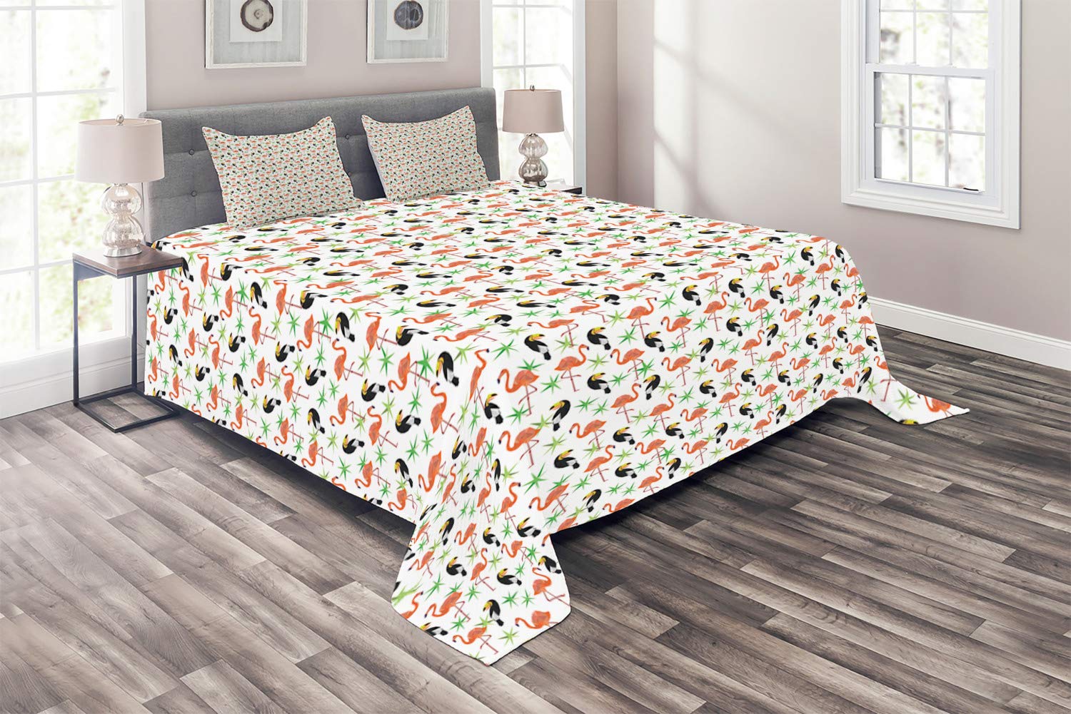 Ambesonne Tropical Coverlet, Low Poly Style Design Exotic Flamingo and Toucan Birds with Abstract Palm Trees, 3 Piece Decorative Quilted Bedspread Set with 2 Pillow Shams, King Size, White Green Coral
