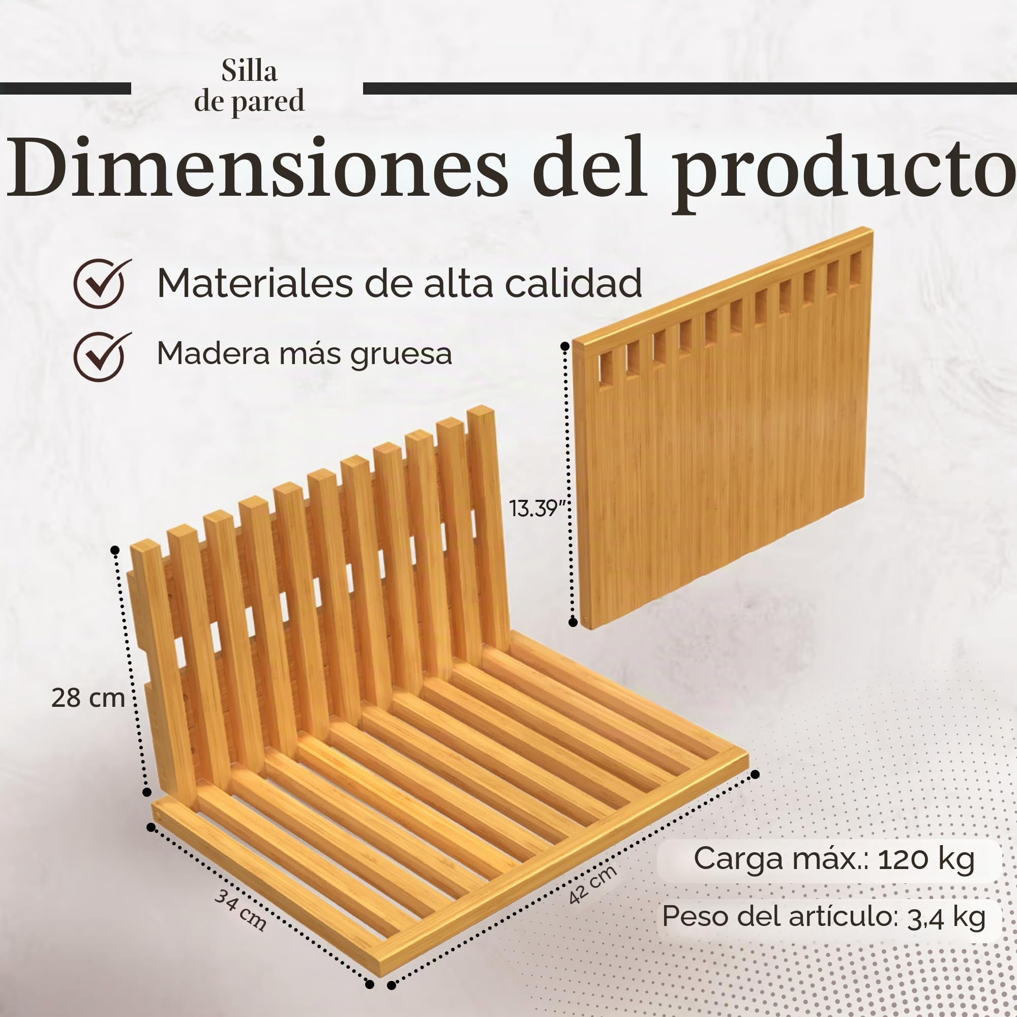 Asiento de Ducha Abatible de Pared de Bambú – Silla Plegable de Pared 120 kg – Banco de Ducha de Madera Resistente al Agua – Ducha, Entrada, Piscina – Ahorra Espacio 34x42 cm – Diseño Belga